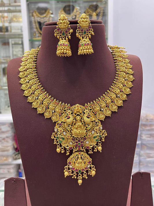 Nakshi Work with Kempu Stones Bridal Necklace - Nakshatra Jewels
