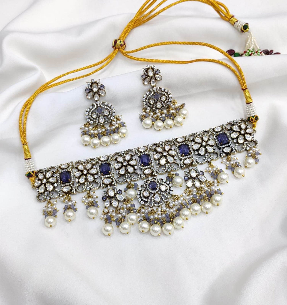 Victorian Polish with Moissanite & AD Stones Choker - Nakshatra Jewels