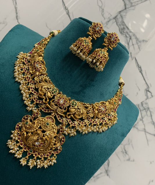 Nakshi Work with Kempu stones Bridal Necklace