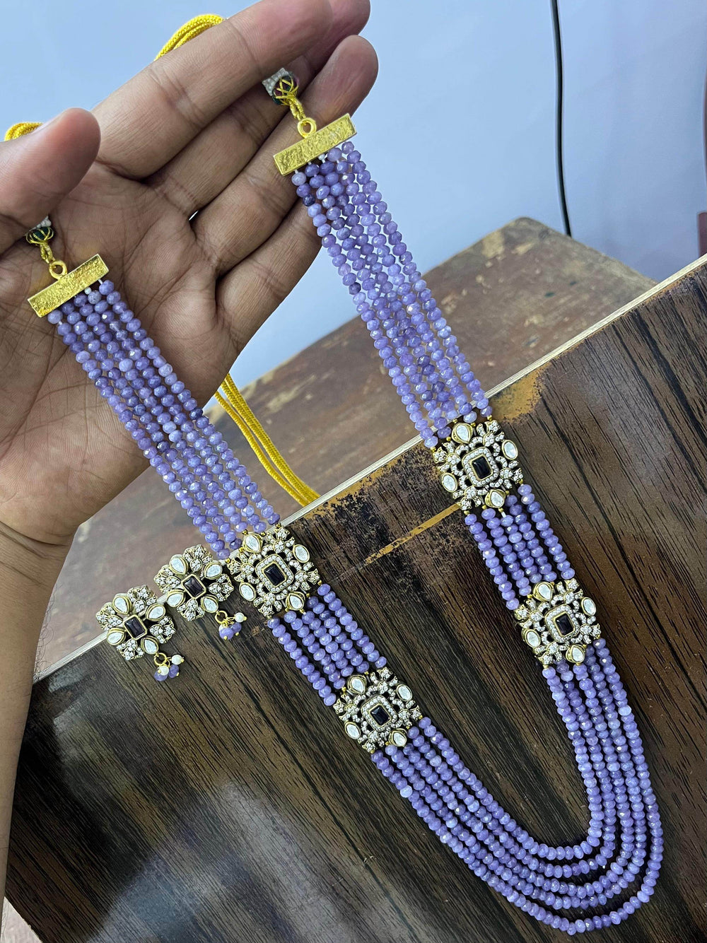 Victorian Polish AD Stones Side Pendent with Beads Haram - Nakshatra Jewels