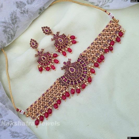 Nagasi work with Kempu Stones Bridal Choker