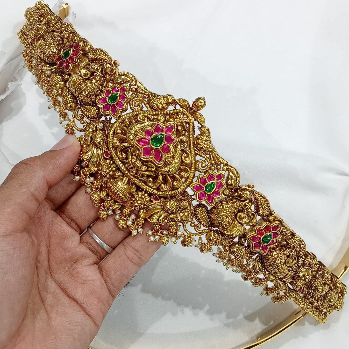 Nakshi Work with Jadau Kundan Stones Bridal Hip Belt (Gold Replica)