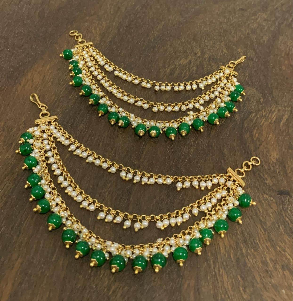 Premium Matt with Green beads & Pearl Hanging Ear Chains - Nakshatra Jewels