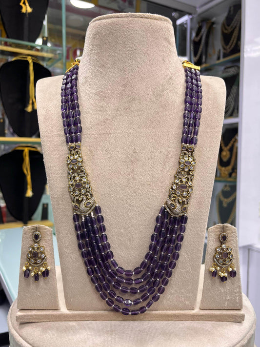 Victorian Polish AD Stones Side Pendent with Beads Haram - Nakshatra Jewels