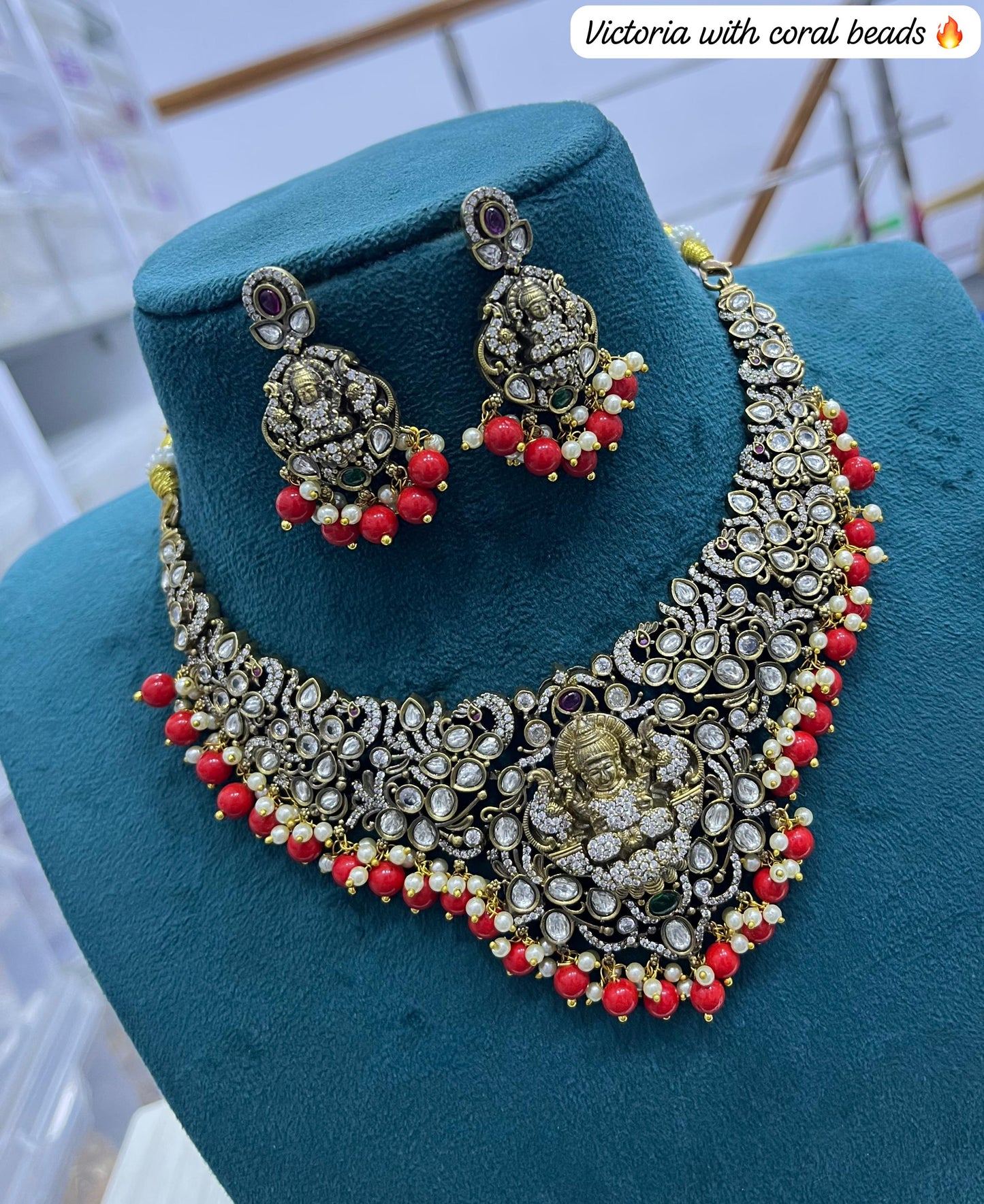 Victorian Polish AD & Moissanite Stones with Coral beads Bridal Necklace (Antique Polish)