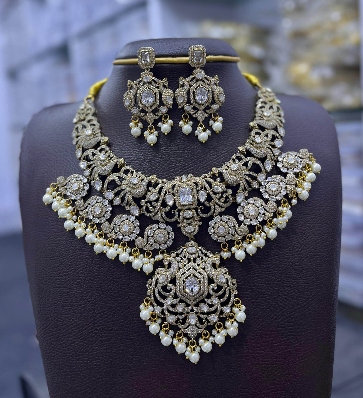Victorian Polish Moissanite and AD Stones Bridal Necklace
