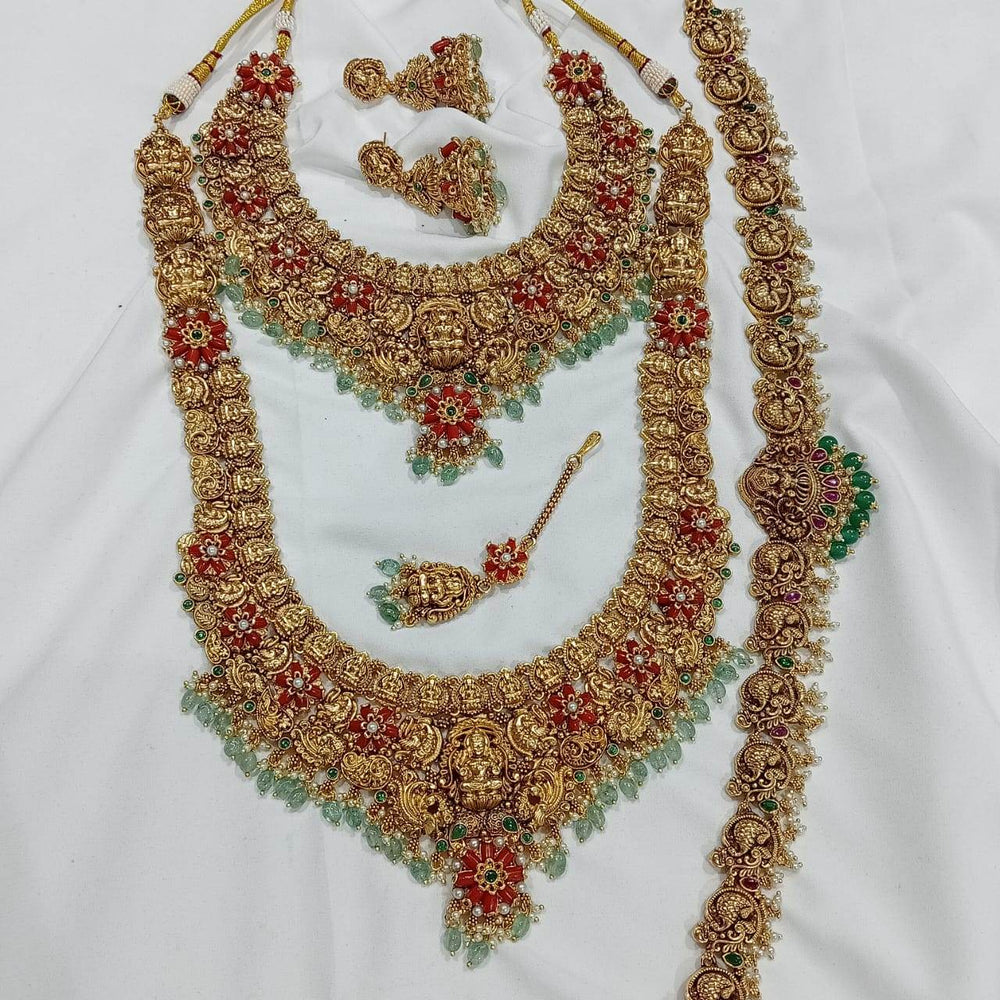 Nakshi Work with AD Stones & Coral beads Bridal Set (Gold Replica) - Nakshatra Jewels
