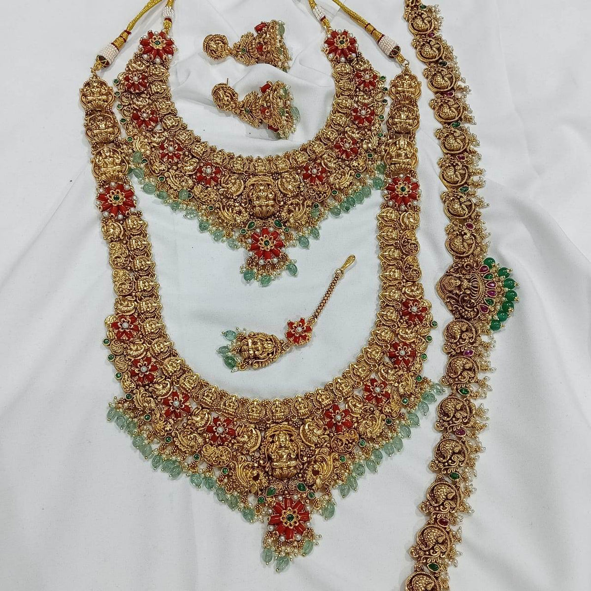 Nakshi Work with AD Stones & Coral beads Bridal Set (Gold Replica)