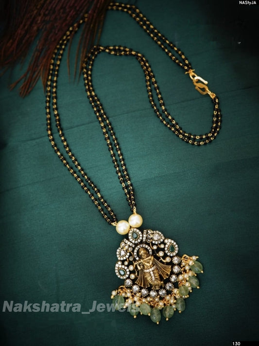 Moisanite Stones Pendent with Black Beads Mala