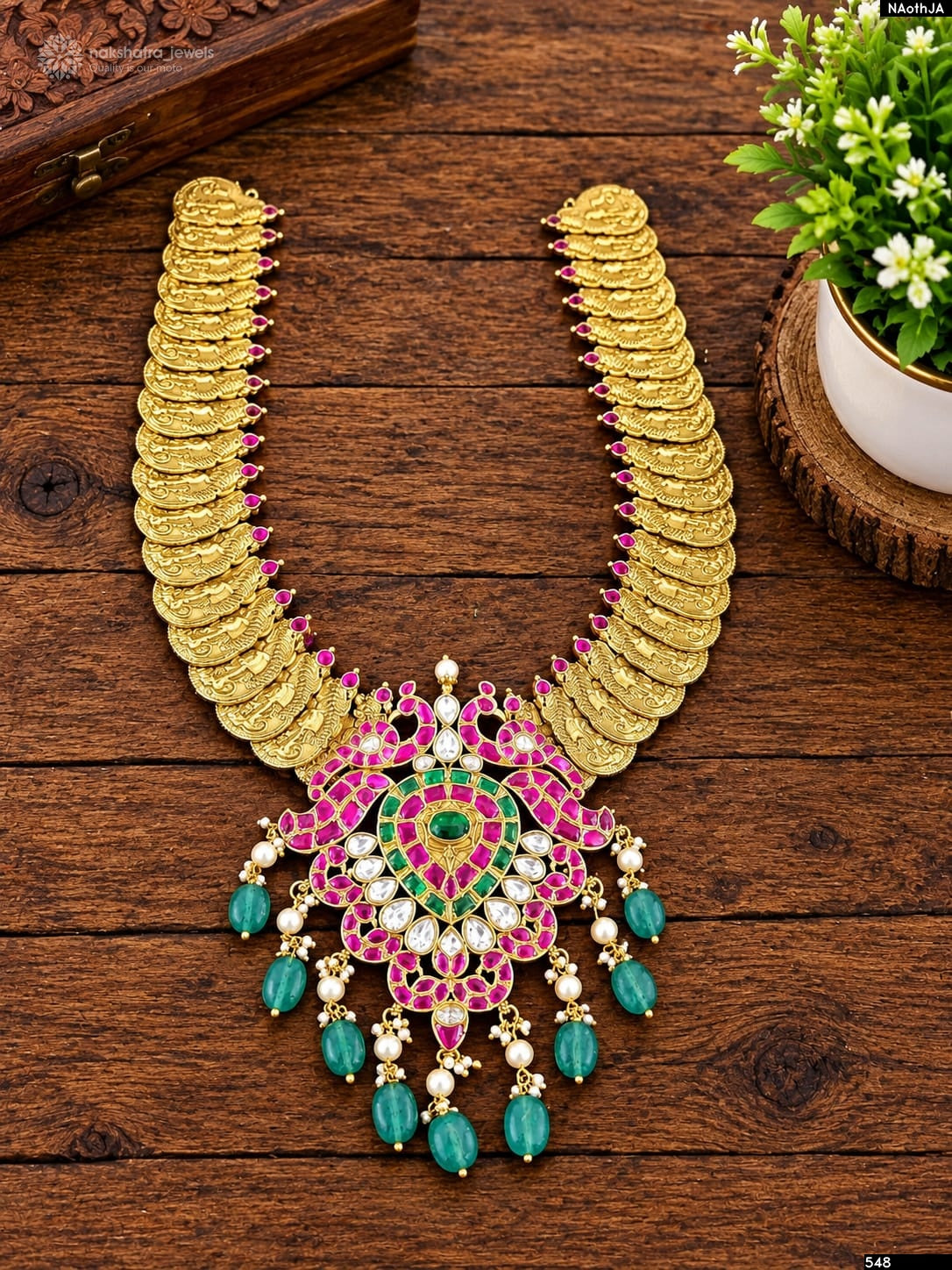 Nakshi Work Kasu Haram with Kundan Stone Pendent