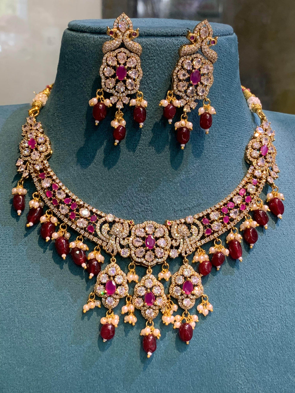 Victorian Polish with AD & Mossanite Stones Necklace - Nakshatra Jewels