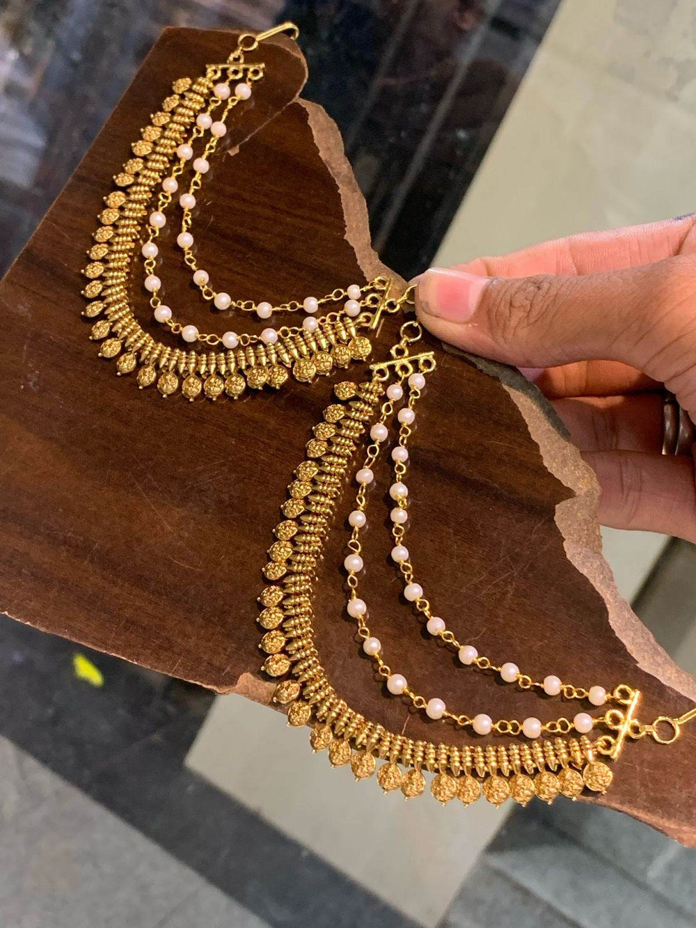 Premium Matt with Kempu Stones Ear Chains - Nakshatra Jewels