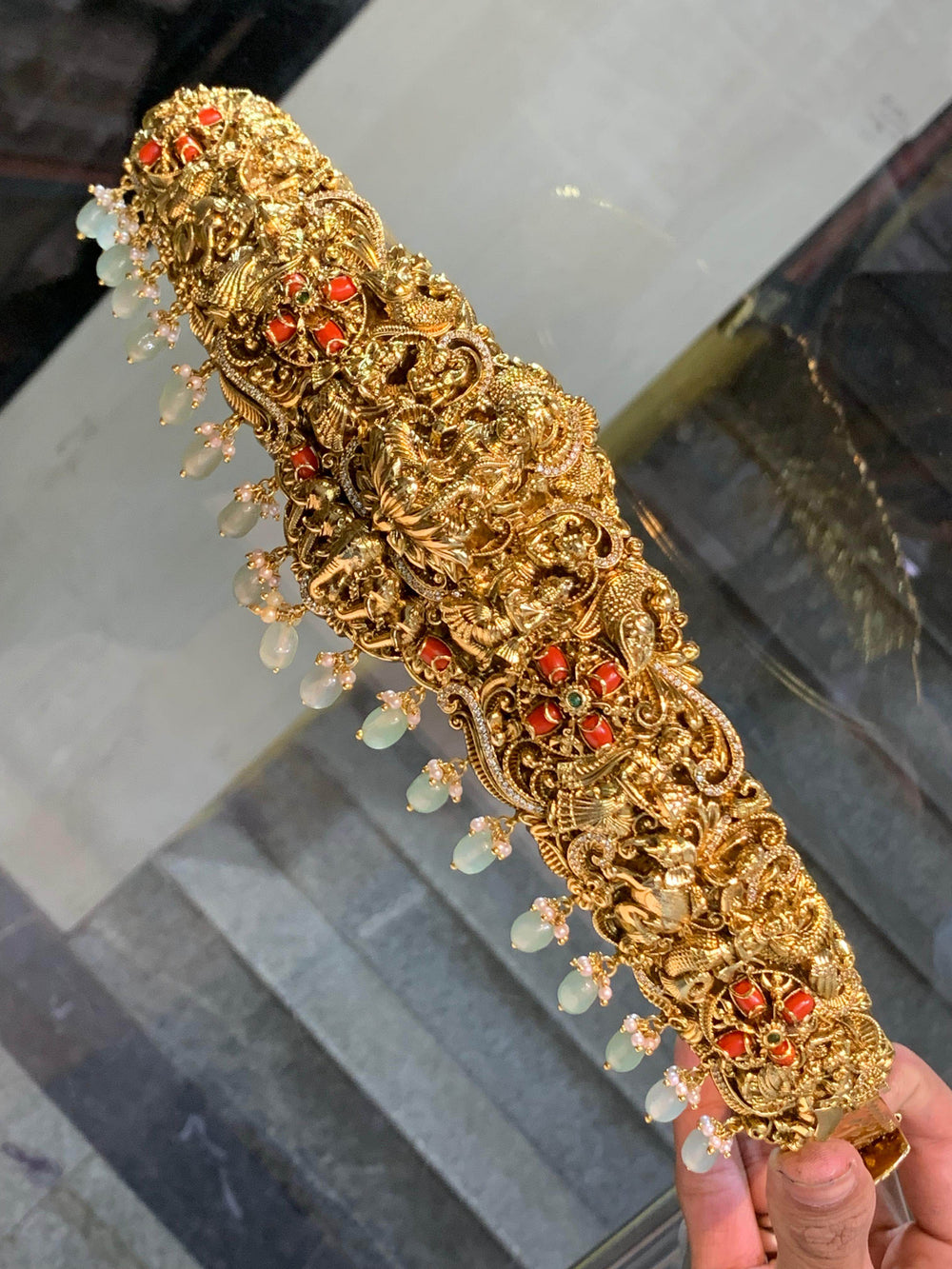 Nakshi Work & Studded with Coral Beads Bridal Hip Belt - Nakshatra Jewels