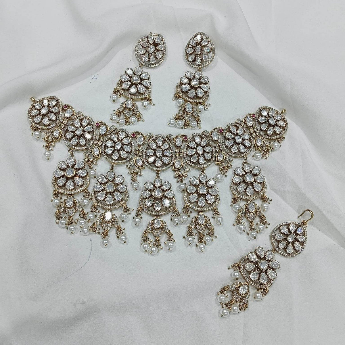 Moissanite Stones Bridal Neck set with Tikka