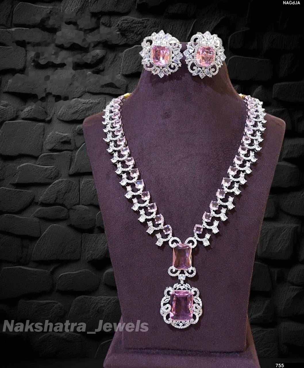 American Diamond Stones Bridal Necklace (Silver polish)