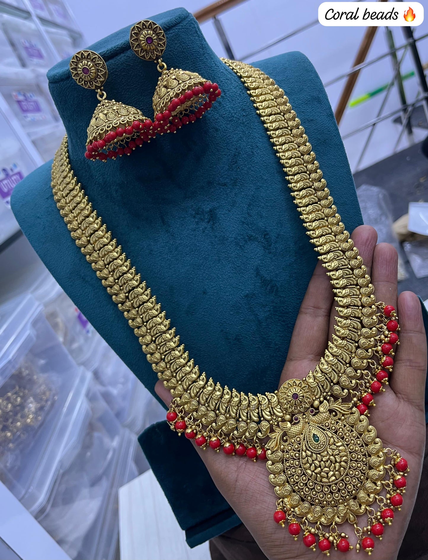 Nakshi work with Kempu Stones Haram (Coral Beads Hangings)