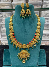 Nakshi Work with AD & Coral Studded Haram - Nakshatra Jewels