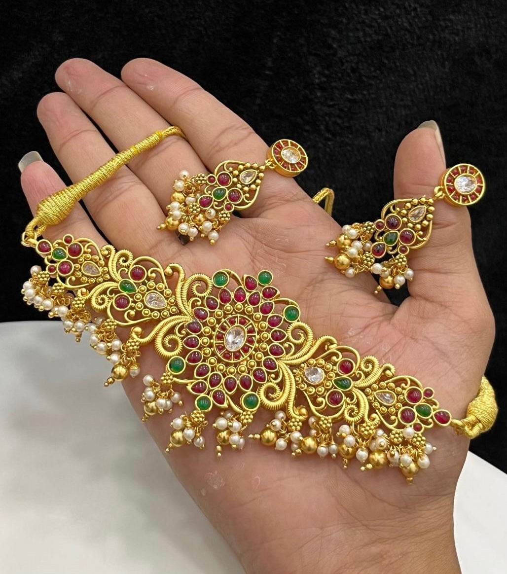 Premium Matt with Kempu Stones Bridal Choker - Nakshatra Jewels