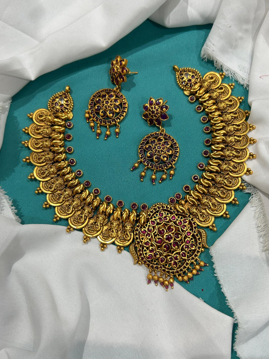 Nakshi Work with Kempu Stones Bridal Necklace