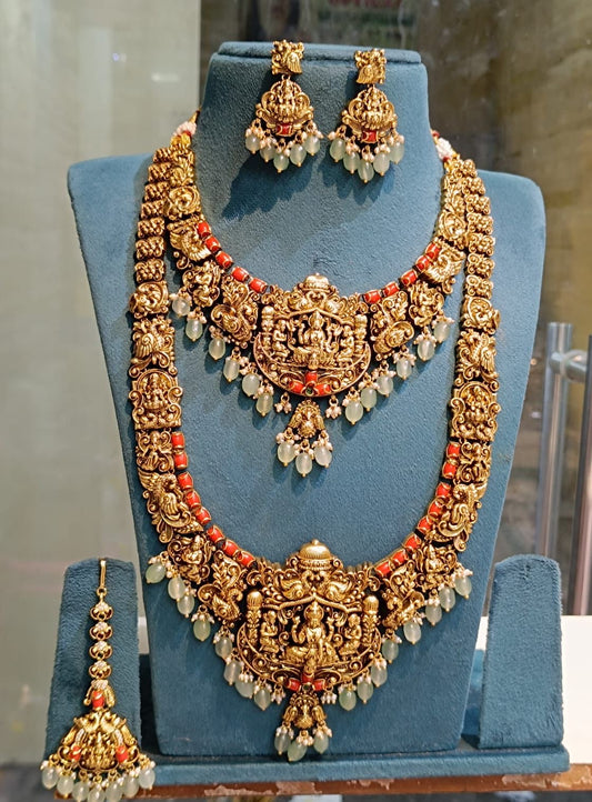 Nakshi Work with AD Stones & Coral Beads Bridal Combo Set