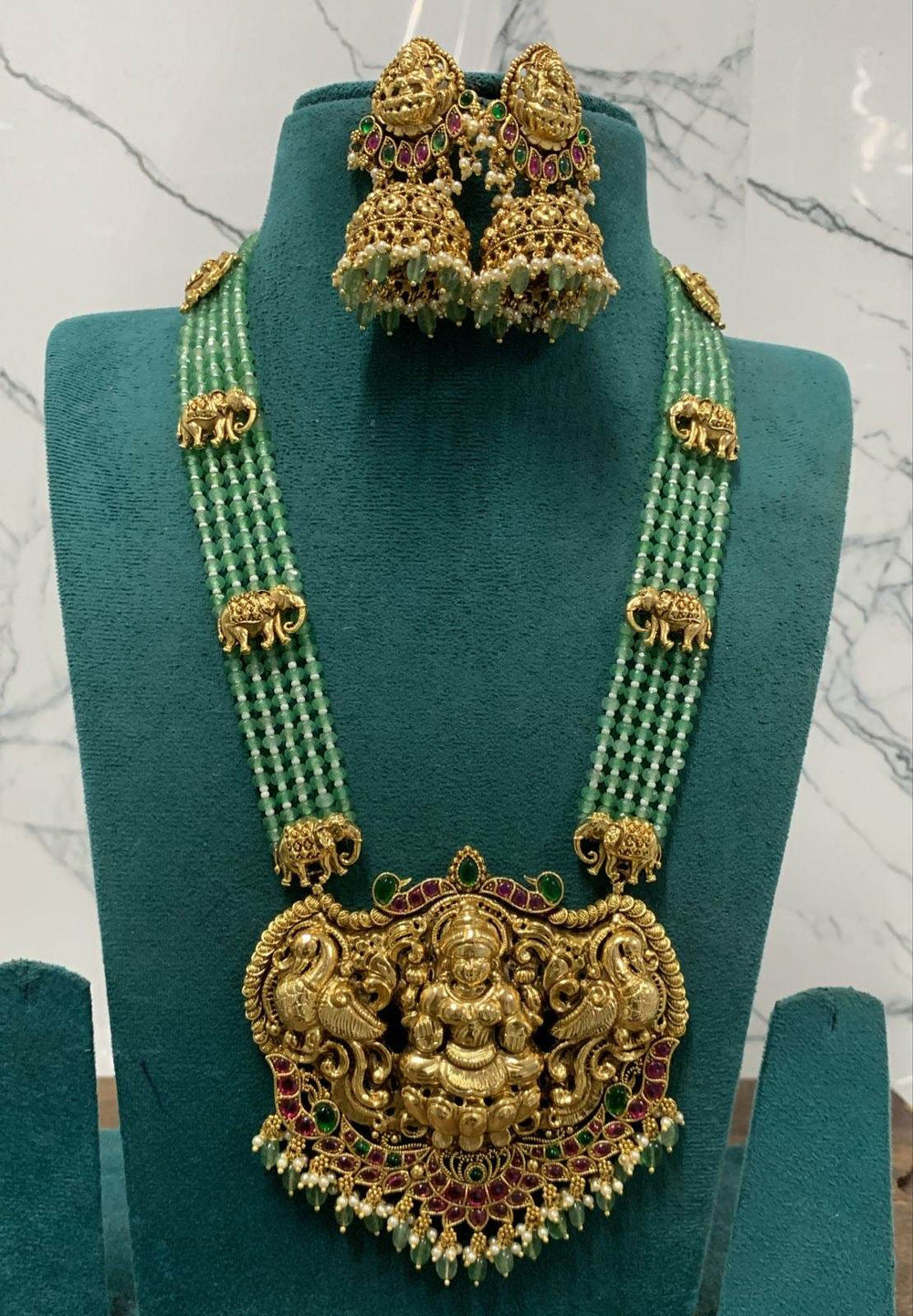 Nagasi Work with Kempu Stones Pendent and Beads Haram - Nakshatra Jewels