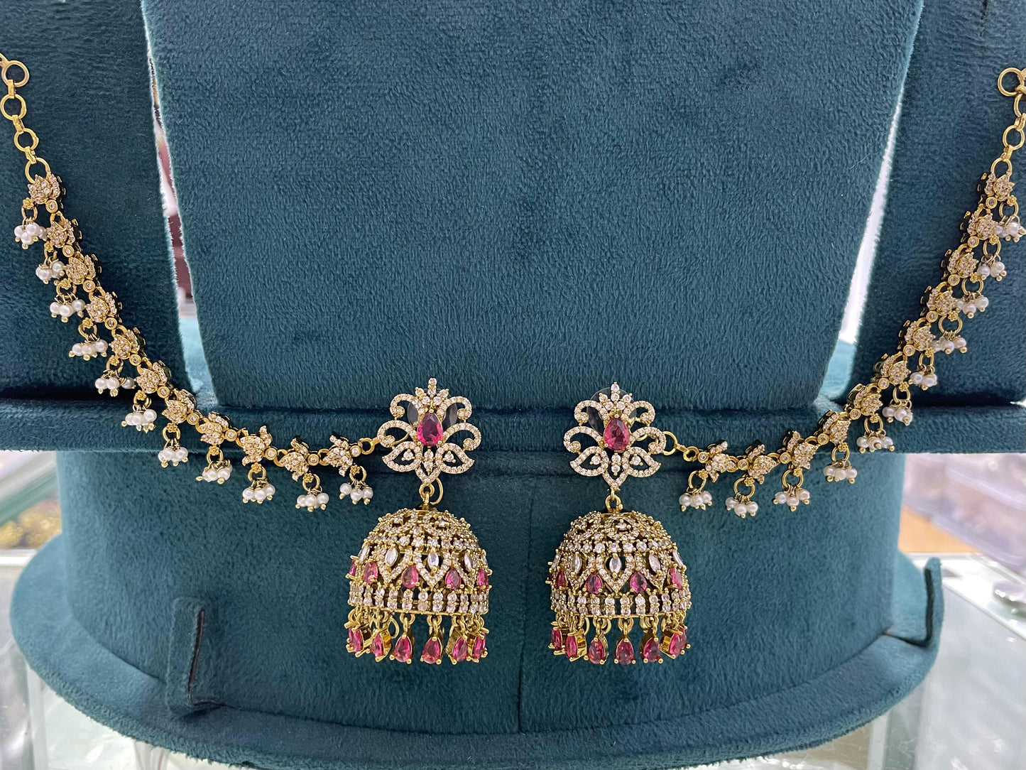 Victorian Polish AD Stones Earrings with Ear Chains