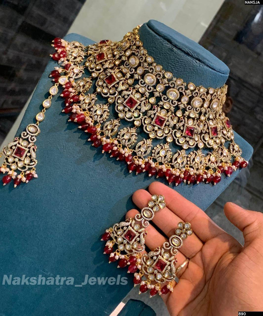 Victorian Polish AD & Moissanite Stones Bridal Choker - Nakshatra Jewels