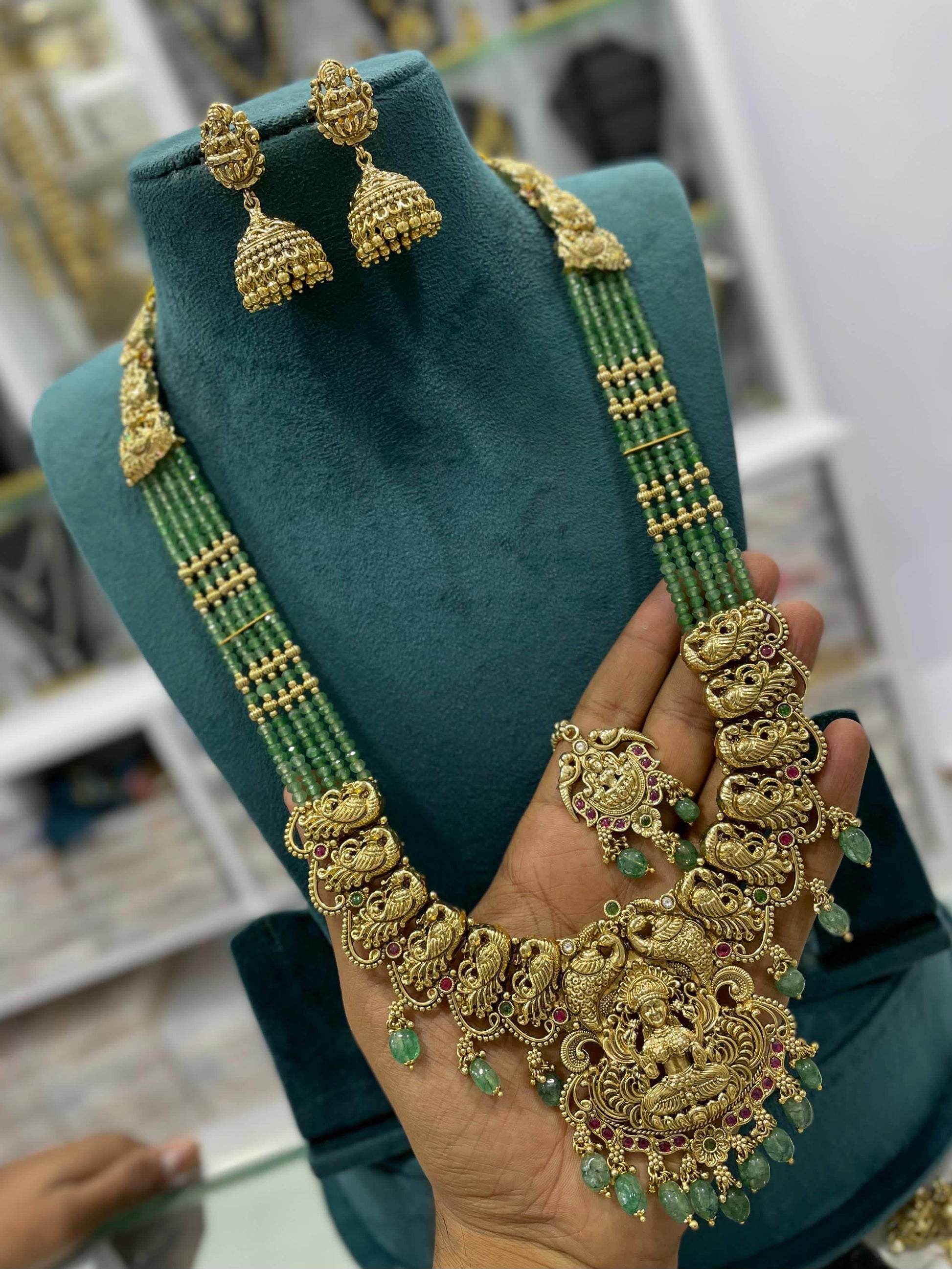 Nagasi Work with Kempu Stones Bridal Pendent with Beads Haram - Nakshatra Jewels