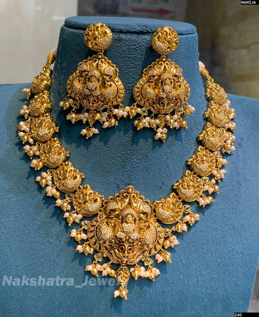 Nakshi work with AD Stones Bridal Necklace (Gold Replica)