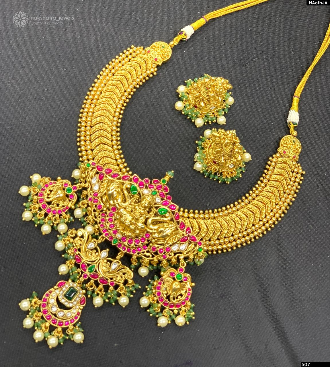 Nakshi Work Kasu Neckalce with Kundan Stone Bridal Pendent
