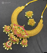 Nakshi Work Kasu Neckalce with Kundan Stone Bridal Pendent