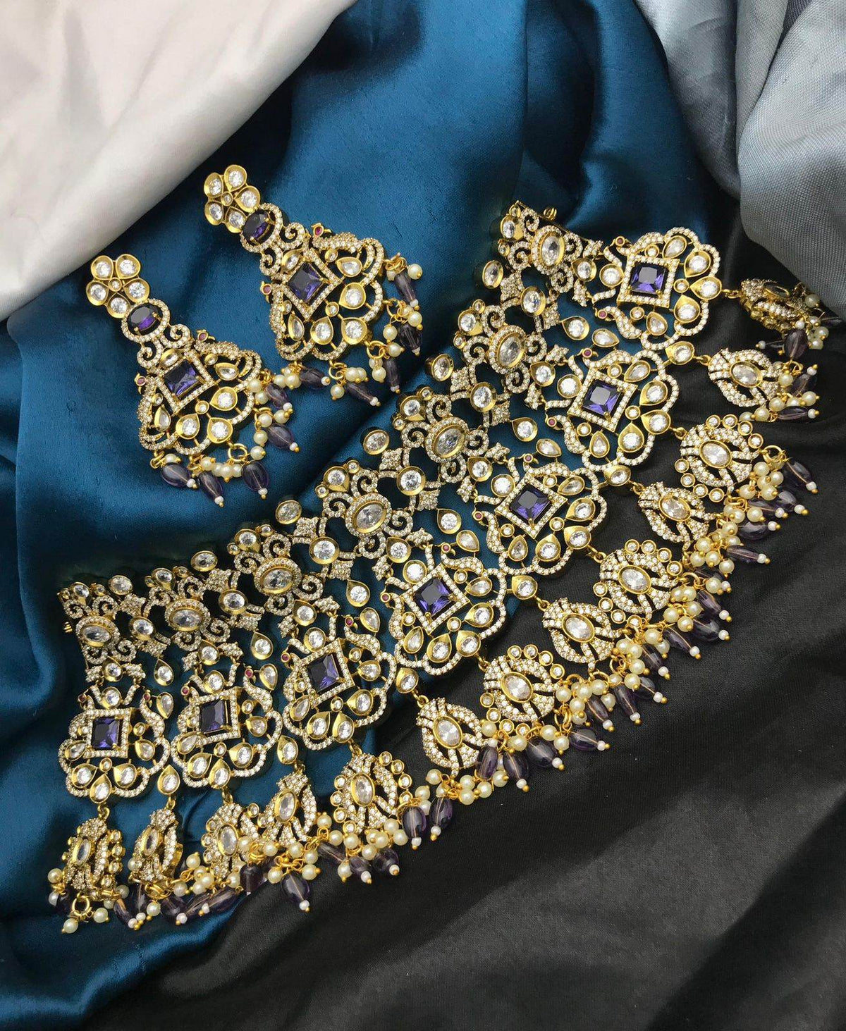 Victorian Polish AD & Moissanite Stones Bridal Neck Set