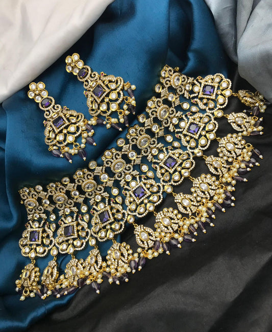 Victorian Polish AD & Moissanite Stones Bridal Neck Set