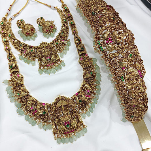 Nakshi Work with Jadau Kundan Stones Bridal Set (Gold Replica)