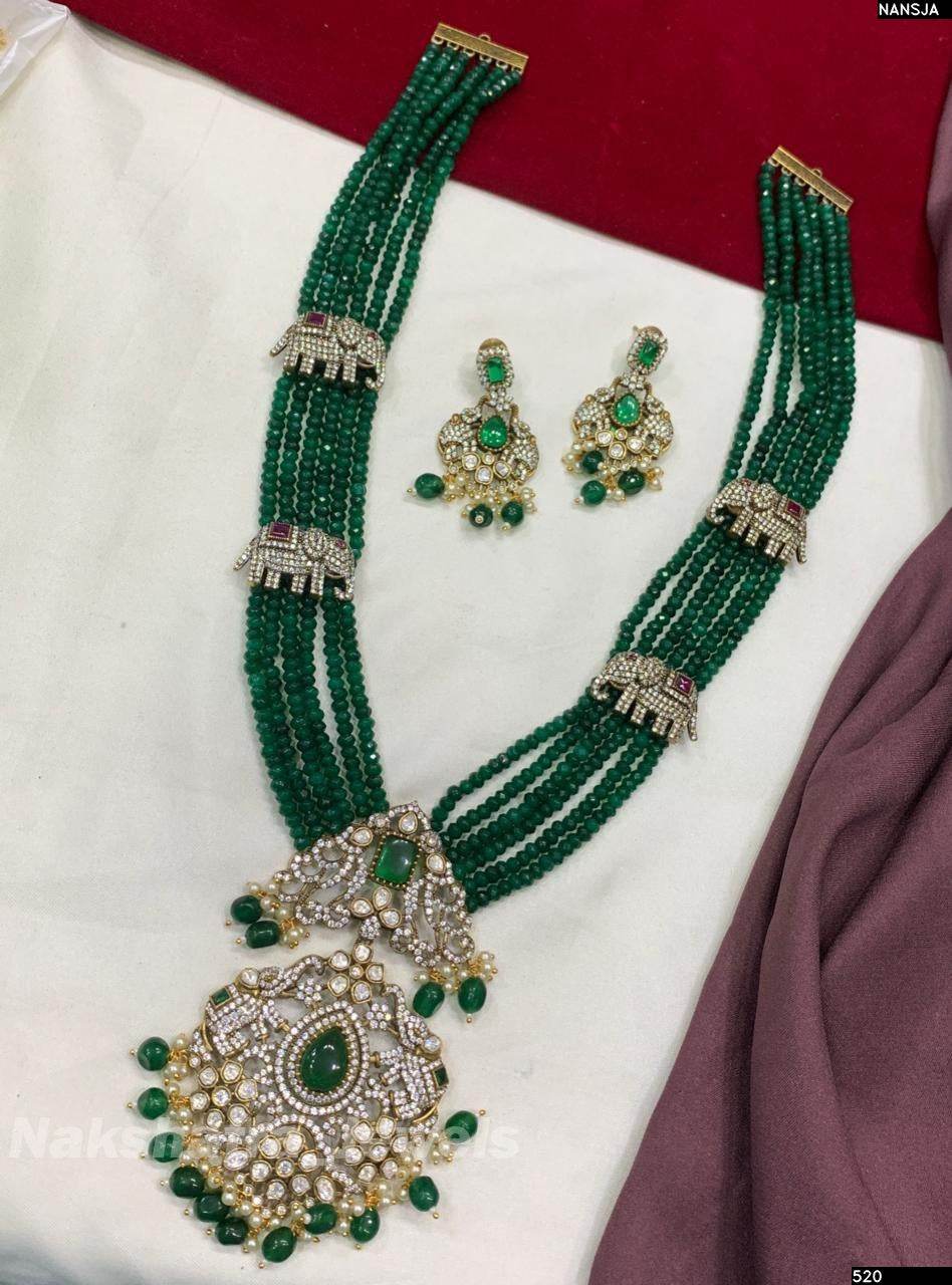 Victorian Polish AD Stones Pendent with Bridal Beads Haram - Nakshatra Jewels