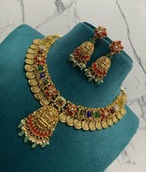 Nakshi Work with AD Stones & Coral Studded Bridal Necklace - Nakshatra Jewels