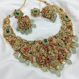 Nakshi work with AD Stones & Coral beads Necklace - Nakshatra Jewels