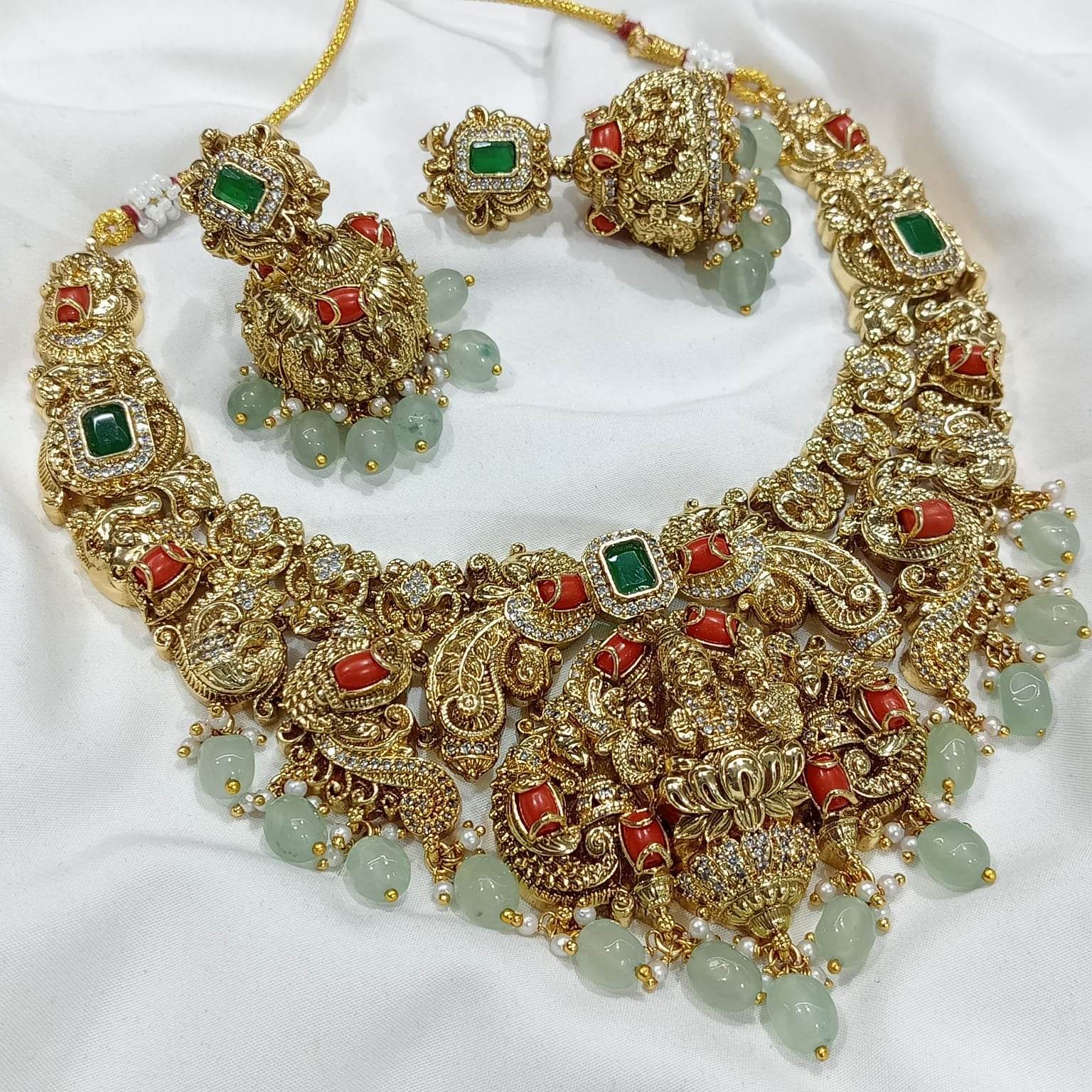 Nakshi work with AD Stones & Coral beads Necklace - Nakshatra Jewels