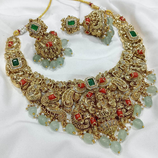 Nakshi work with AD Stones & Coral beads Necklace - Nakshatra Jewels