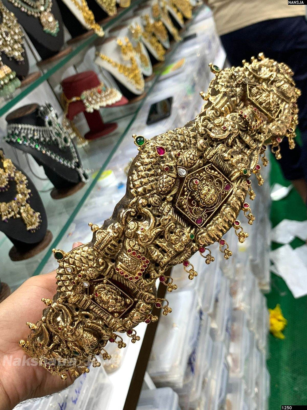 Antique Polish Nakshi Work with Jadau Kundan Stones Bridal Hip Belt (Hand made) - Nakshatra Jewels