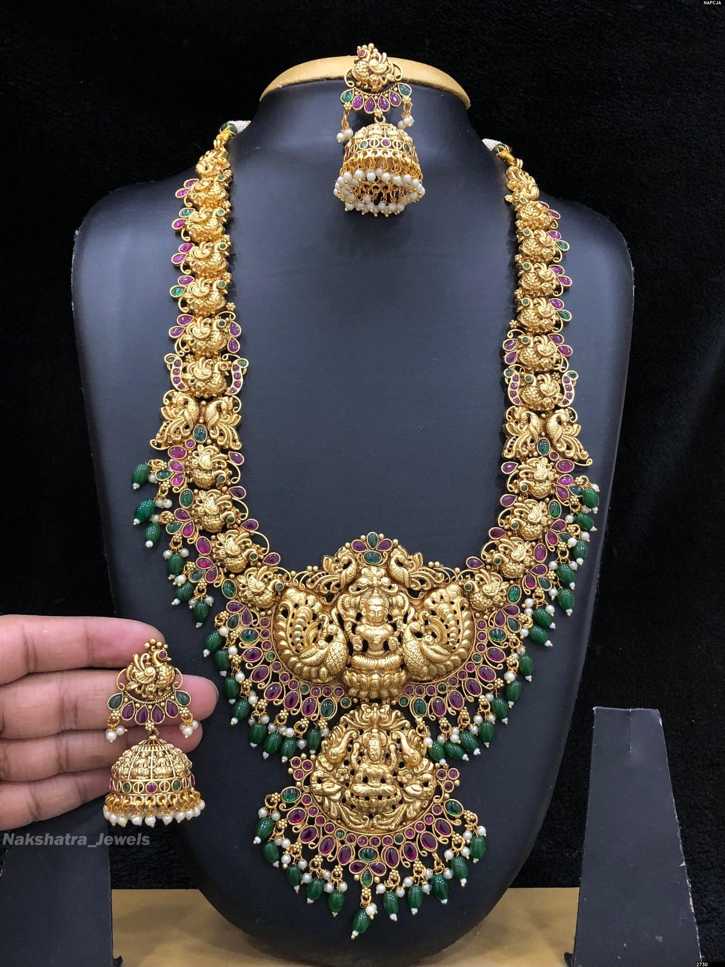 Nagasi work with Kempu Stones Bridal 3D embosed Haram