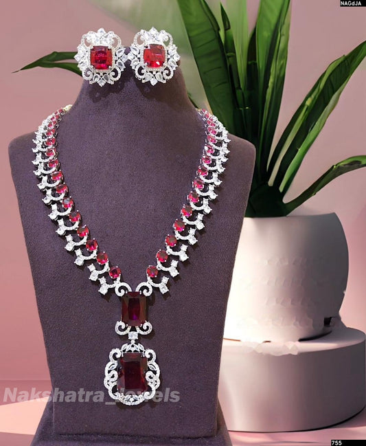 American Diamond Stones Bridal Necklace (Silver polish)