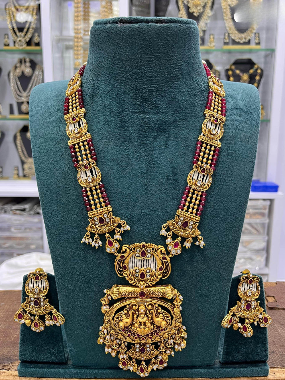 Nagasi work with Kempu Stones Pendent Beads Haram - Nakshatra Jewels