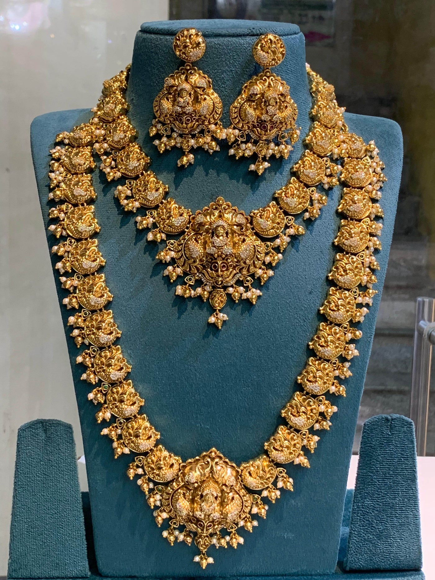 Nakshi Work with AD Stones Bridal Combo Set (Gold Replica)