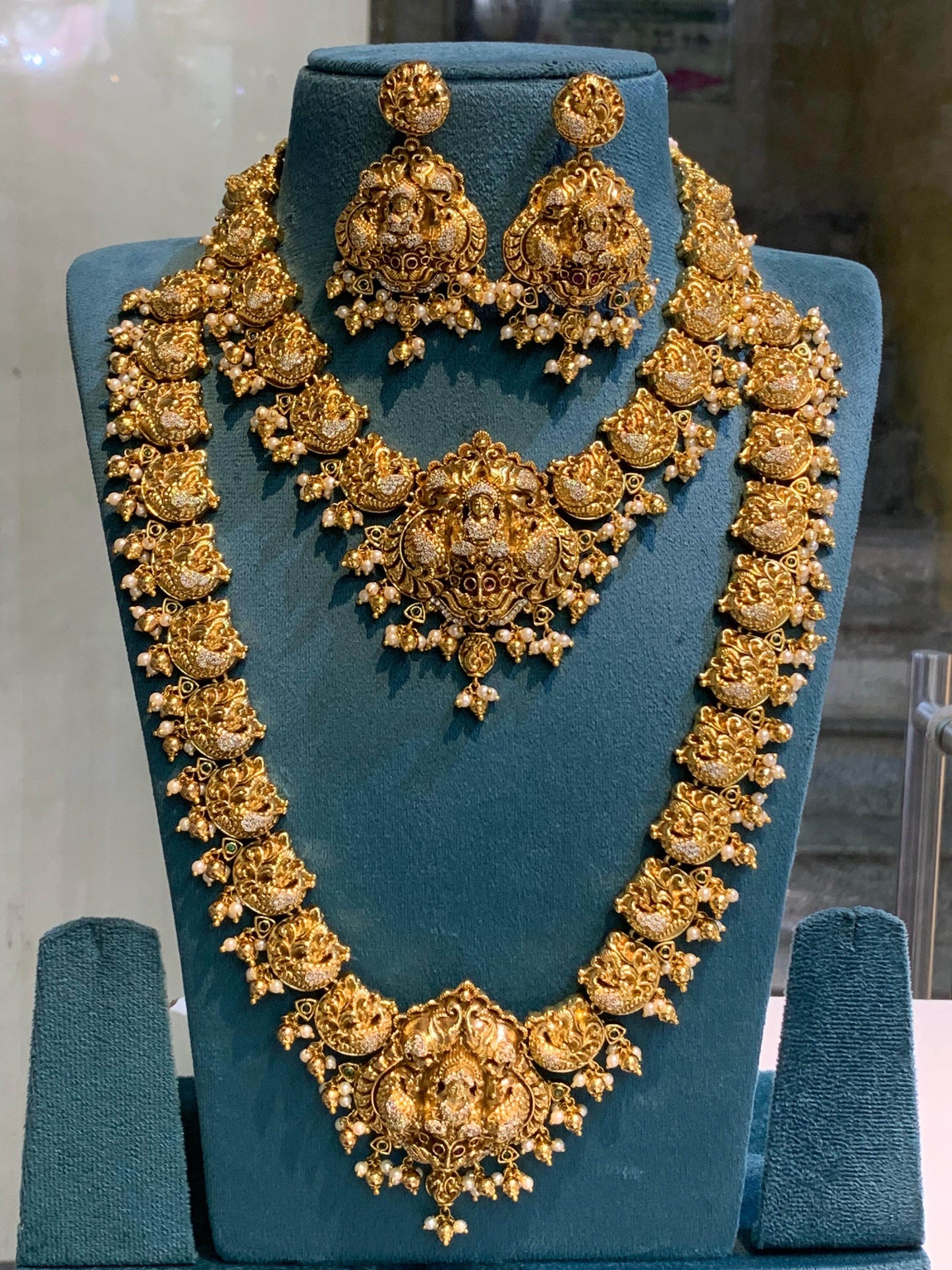 Nakshi Work with AD Stones Bridal Combo Set (Gold Replica) - Nakshatra Jewels