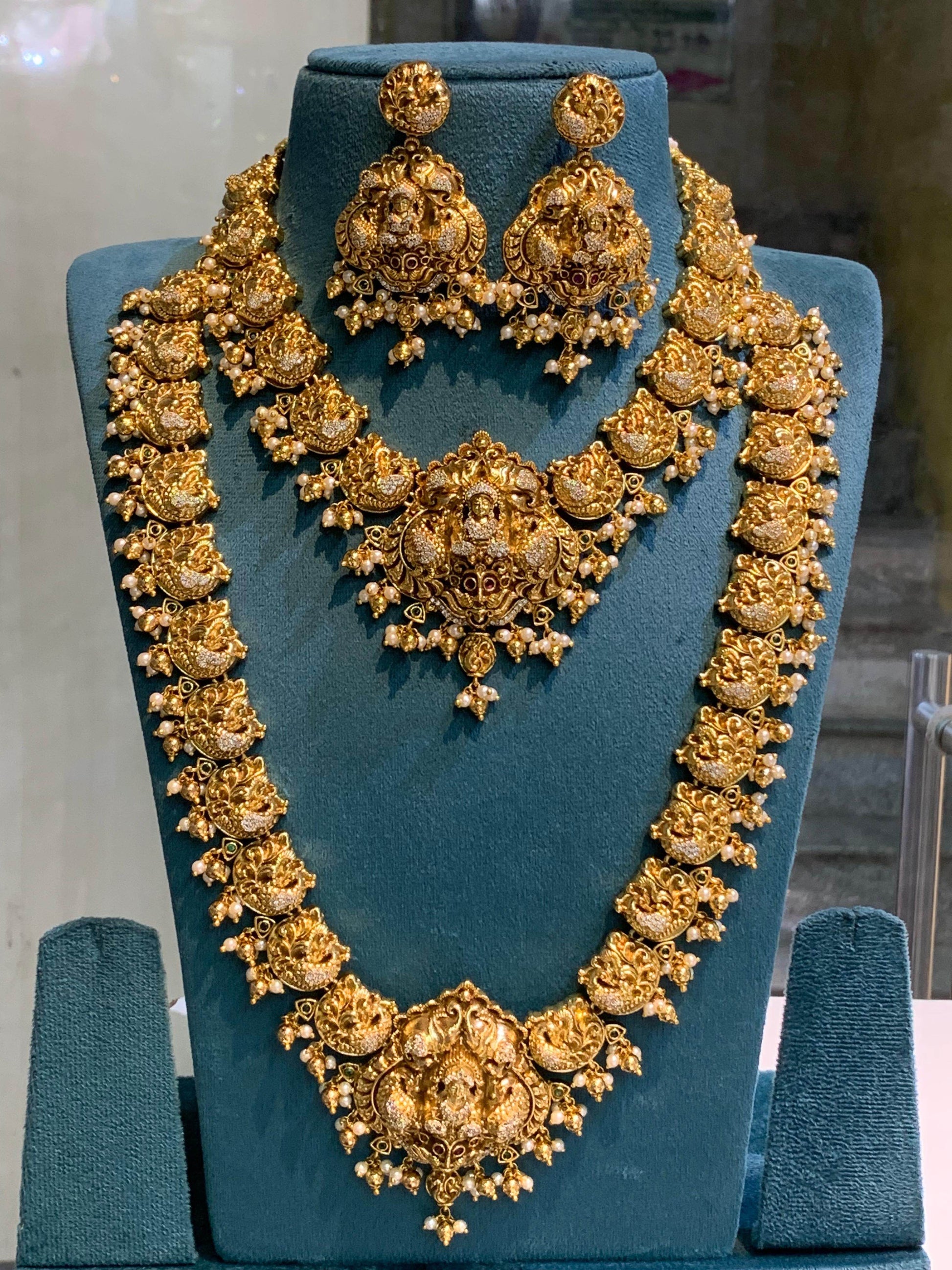 Nakshi Work with AD Stones Bridal Combo Set (Gold Replica) - Nakshatra Jewels