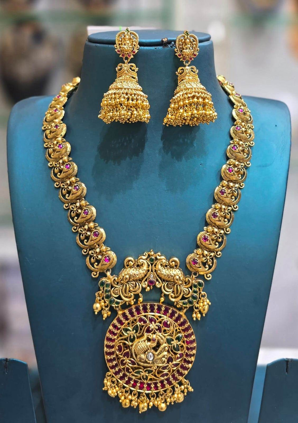 Nagasi Work with Kempu Stones Bridal Haram - Nakshatra Jewels