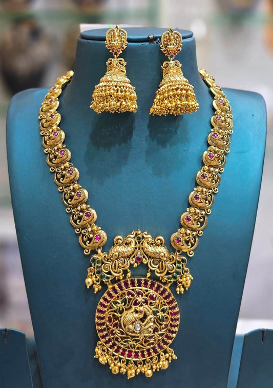 Nagasi Work with Kempu Stones Bridal Haram - Nakshatra Jewels