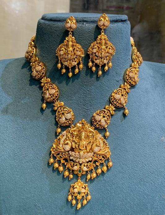 Nakshi Work with AD Stones Bridal Necklace (Gold Replica)