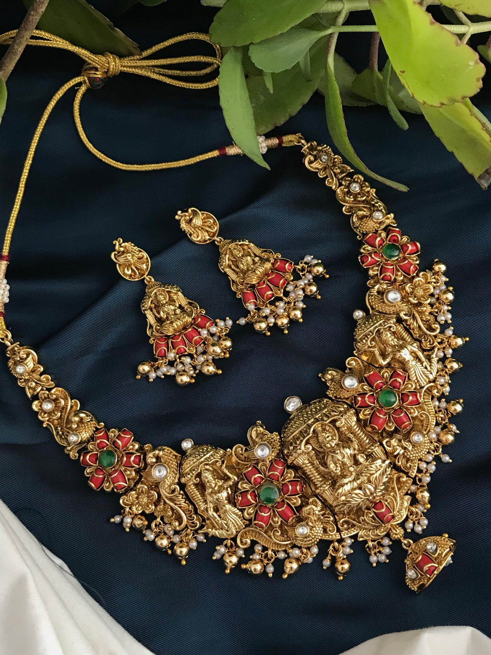 Nakshi Work with AD & Coral Studded Necklace - Nakshatra Jewels